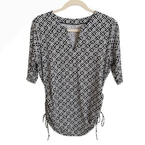 Lands End Womens Geometric Print V Neck Ruched Swim Tunic Top 10-12‎ Rashguard